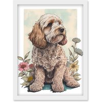 Artery8 Cockapoo Dog with Spring Wildflowers Soft Watercolour Illustration Artwork Framed Wall Art Print A4 in White
