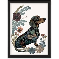 Artery8 Dachshund Shorthaired Dog with Floral Patterns Colourful Modern Illustration Artwork Framed Wall Art Print A4 in Black