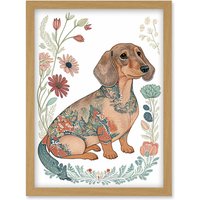 Artery8 Dachshund Shorthaired Dog with Ornate Floral Patterns Colourful Colour Pencil Illustration Artwork Framed Wall Art Print A4 in Light Oak