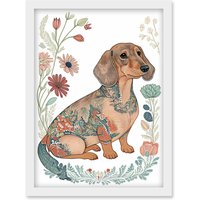 Artery8 Dachshund Shorthaired Dog with Ornate Floral Patterns Colourful Colour Pencil Illustration Artwork Framed Wall Art Print A4 in White