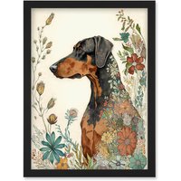 Artery8 Doberman Dog with Spring Flowers Colourful Watercolour Illustration Artwork Framed Wall Art Print A4 in Black