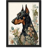 Artery8 Doberman Dog with Wild Flowers Boho Watercolour Illustration Artwork Framed Wall Art Print A4 in Black
