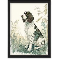 Artery8 English Springer Spaniel Dog in Field Modern Pastel Watercolour Illustration Artwork Framed Wall Art Print A4 in Black