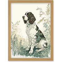Artery8 English Springer Spaniel Dog in Field Modern Pastel Watercolour Illustration Artwork Framed Wall Art Print A4 in Light Oak
