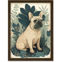 Artery8 French Bulldog & Tropical Plants Modern Pastel Colour Boho Illustration Artwork Framed Wall Art Print A4 in Brown