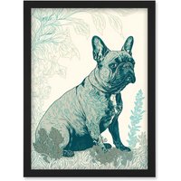 Artery8 French Bulldog Sitting in the Park Modern Monochrome Linocut Illustration Artwork Framed Wall Art Print A4 in Black