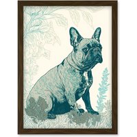 Artery8 French Bulldog Sitting in the Park Modern Monochrome Linocut Illustration Artwork Framed Wall Art Print A4 in Brown