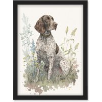 Artery8 German Pointer Dog Sitting in Field Modern Detailed Pastel Watercolour Illustration Artwork Framed Wall Art Print A4 in Black