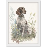 Artery8 German Pointer Dog Sitting in Field Modern Detailed Pastel Watercolour Illustration Artwork Framed Wall Art Print A4 in White