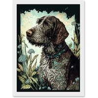 Artery8 German Wirehead Pointer Dog & Blue Wildflowers Modern Portrait Illustration Artwork Framed Wall Art Print A4 in White