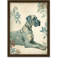 Artery8 Blue Great Dane Dog with Flower Pattern Fur Coat Modern Illustration Artwork Framed Wall Art Print A4 in Brown