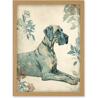Artery8 Blue Great Dane Dog with Flower Pattern Fur Coat Modern Illustration Artwork Framed Wall Art Print A4 in Light Oak