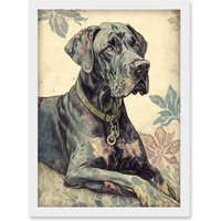 Artery8 Great Dane Dog with Floral Pattern Modern Linocut Illustration Artwork Framed Wall Art Print A4 in White