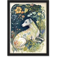 Artery8 White Greyhound Dog with Floral Pattern Fur Coat lying in Flower Field Modern Illustration Artwork Framed Wall Art Print A4 in Black