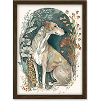 Artery8 Greyhound Dog in Flower Field Modern Pastel Boho Watercolour Illustration Artwork Framed Wall Art Print A4 in Brown