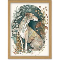Artery8 Greyhound Dog in Flower Field Modern Pastel Boho Watercolour Illustration Artwork Framed Wall Art Print A4 in Light Oak