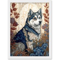 Artery8 Siberian Husky Dog in Autumn Flower Field Modern Art Nouveau Illustration Artwork Framed Wall Art Print A4 in White