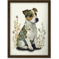 Artery8 Cute Jack Russel Dog Puppy & Flower Patterns Colour Pencil Illustration Artwork Framed Wall Art Print A4 in Brown