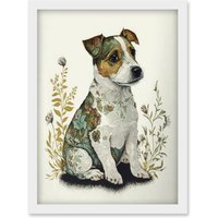 Artery8 Cute Jack Russel Dog Puppy & Flower Patterns Colour Pencil Illustration Artwork Framed Wall Art Print A4 in White