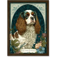 Artery8 King Charles Spaniel Dog with Flower Blooms Modern Art Nouveau Illustration Artwork Framed Wall Art Print A4 in Brown
