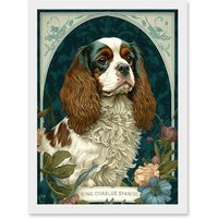 Artery8 King Charles Spaniel Dog with Flower Blooms Modern Art Nouveau Illustration Artwork Framed Wall Art Print A4 in White