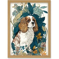 Artery8 King Charles Spaniel Dog in Leafy Plants Modern Illustration Artwork Framed Wall Art Print A4 in Light Oak
