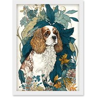Artery8 King Charles Spaniel Dog in Leafy Plants Modern Illustration Artwork Framed Wall Art Print A4 in White