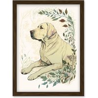 Artery8 Labrador Retriever Dog Lying in Field Modern Linocut Illustration Artwork Framed Wall Art Print A4 in Brown