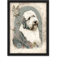 Artery8 English Sheepdog with Flower Blooms Boho Portrait Watercolour Illustration Artwork Framed Wall Art Print A4 in Black