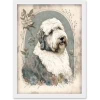 Artery8 English Sheepdog with Flower Blooms Boho Portrait Watercolour Illustration Artwork Framed Wall Art Print A4 in White