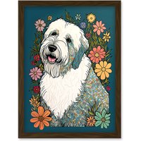 Artery8 English Sheepdog with Multicolour Daisies Bright Flowers Modern Illustration Artwork Framed Wall Art Print A4 in Brown