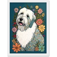 Artery8 English Sheepdog with Multicolour Daisies Bright Flowers Modern Illustration Artwork Framed Wall Art Print A4 in White