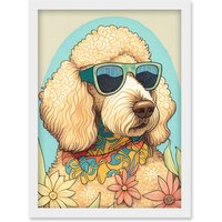 Artery8 Poodle Dog with Sunglasses & Bandana in Daisies Modern Multicoloured Illustration Artwork Framed Wall Art Print A4 in White