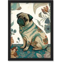 Artery8 Pug Dog with Floral Patterns Vintage Inspired Multicoloured Linocut Illustration Artwork Framed Wall Art Print A4 in Black