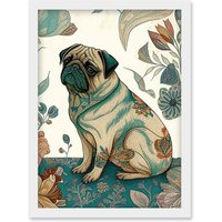 Artery8 Pug Dog with Floral Patterns Vintage Inspired Multicoloured Linocut Illustration Artwork Framed Wall Art Print A4 in White
