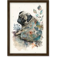 Artery8 Pug Dog with Floral Pattern Modern Multicoloured Watercolour Illustration Artwork Framed Wall Art Print A4 in Brown
