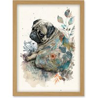 Artery8 Pug Dog with Floral Pattern Modern Multicoloured Watercolour Illustration Artwork Framed Wall Art Print A4 in Light Oak