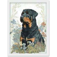 Artery8 Rottweiler Dog Sitting in Flower Field Modern Watercolour Illustration Artwork Framed Wall Art Print A4 in White