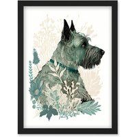 Artery8 Scottish Terrier Dog Lying in Flower Field Modern Teal Tan Illustration Artwork Framed Wall Art Print A4 in Black