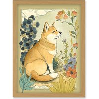 Artery8 Shiba Inu Dog in Flower Field Modern Pastel Watercolour Illustration Artwork Framed Wall Art Print A4 in Light Oak