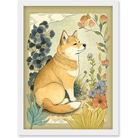 Artery8 Shiba Inu Dog in Flower Field Modern Pastel Watercolour Illustration Artwork Framed Wall Art Print A4 in White
