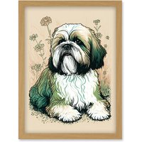 Artery8 Shih Tzu Dog with Daisies Modern Multicoloured Linocut Illustration Artwork Framed Wall Art Print A4 in Light Oak