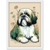 Artery8 Shih Tzu Dog with Daisies Modern Multicoloured Linocut Illustration Artwork Framed Wall Art Print A4 in White