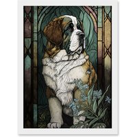 Artery8 St Bernard Dog with Silvery Lupine Flowers Modern Art Nouveau Illustration Artwork Framed Wall Art Print A4 in White