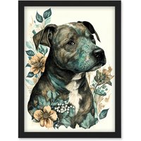 Artery8 Black Staffordshire Bull Terrier & Flowers Detailed Coloured Pencil Portrait Illustration Artwork Framed Wall Art Print A4