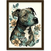 Artery8 Black Staffordshire Bull Terrier & Flowers Detailed Coloured Pencil Portrait Illustration Artwork Framed Wall Art Print A4 in Brown