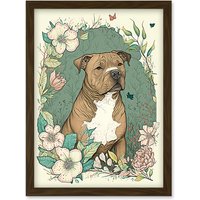 Artery8 Brown Staffordshire Bull Terrier & Flowers Modern Pastel Boho Illustration Artwork Framed Wall Art Print A4