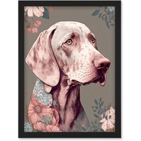 Artery8 Weimaraner Dog Portrait with Flower Patterns Modern Detailed Illustration Artwork Framed Wall Art Print A4 in Black