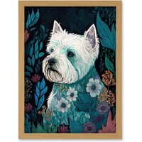 Artery8 West Highland White Terrier in Flowers Dark Multicoloured Linocut Illustration Artwork Framed Wall Art Print A4 in Light Oak
