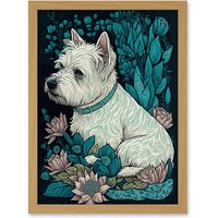 Artery8 West Highland White Terrier Sitting in Flower Field Modern Dark Illustration Artwork Framed Wall Art Print A4 in Light Oak